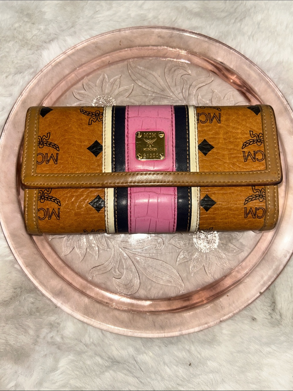 MCM pink, black, white stripes with brown monogrammed long trifold wallet